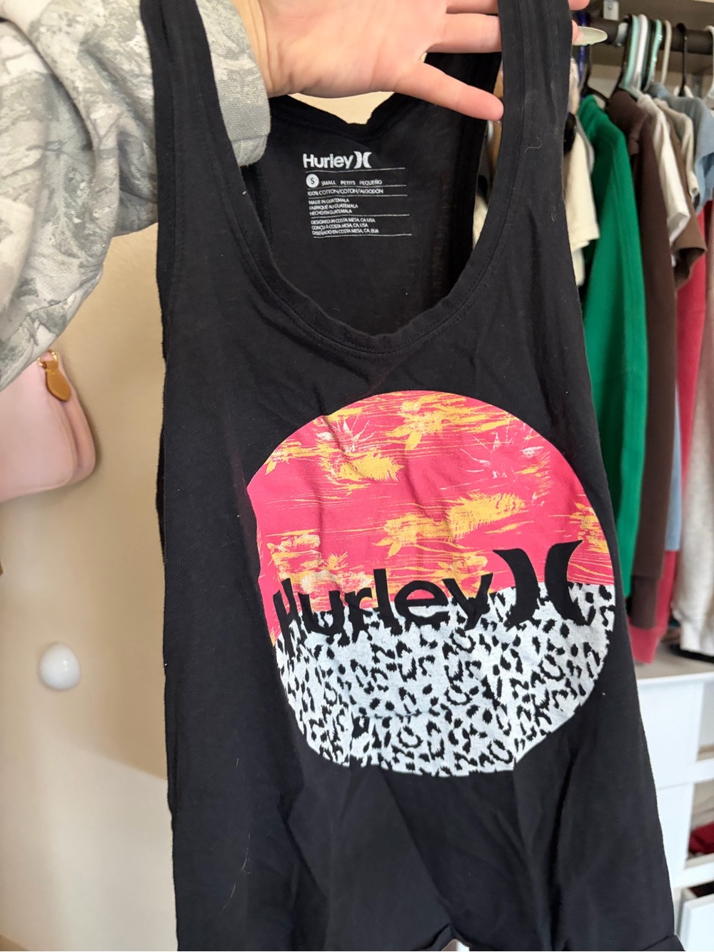 Hurley Black Tank Top with Pink and Yellow Graphic Circle